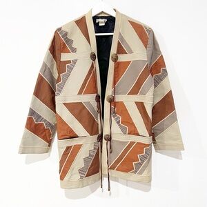 Girasol Vintage Aztec Southwestern Patchwork Cotton Bolo Tie Beaded Jacket Tan